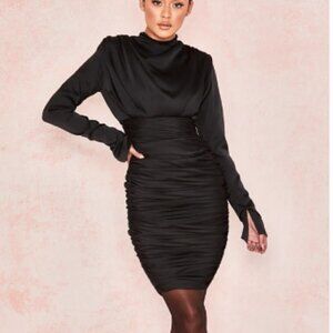 House of CB Giorgiana Satin Ruched Mini Dress in Black sz S